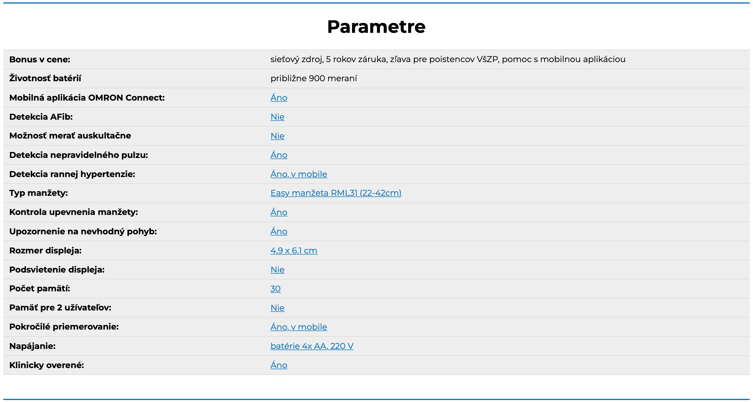 Omron M2 Intelli IT Parametre