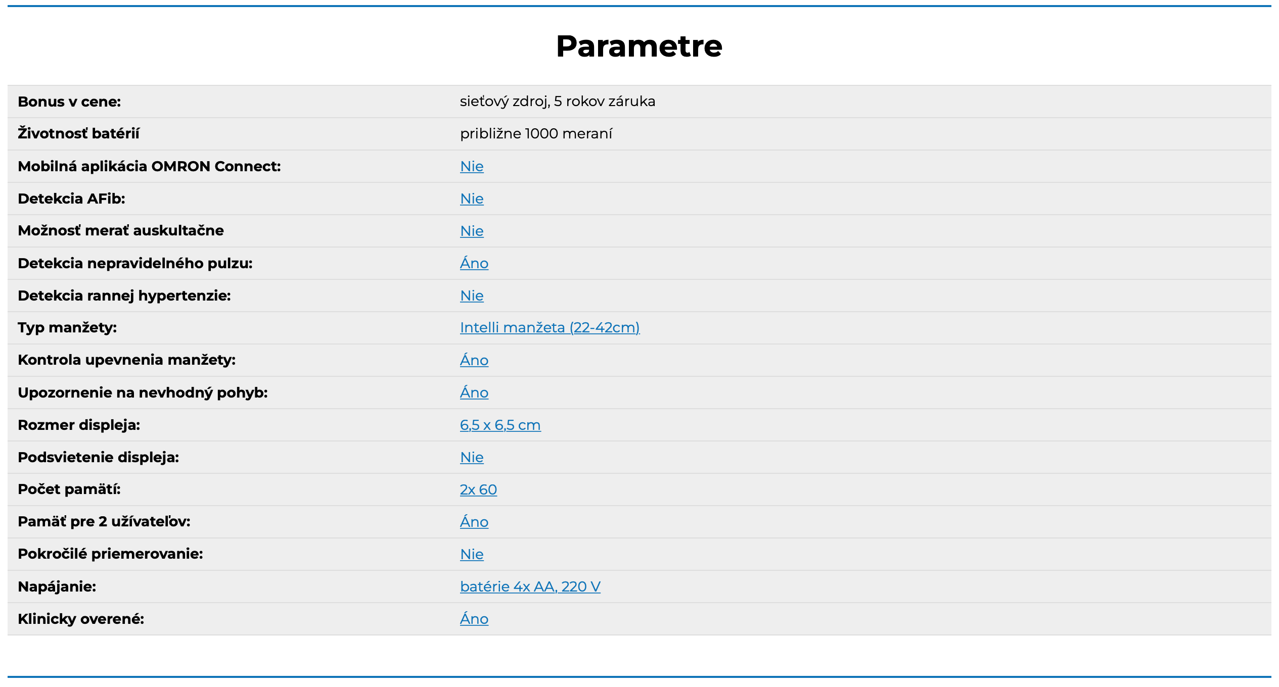 Oomron M3 Comfort Parametre